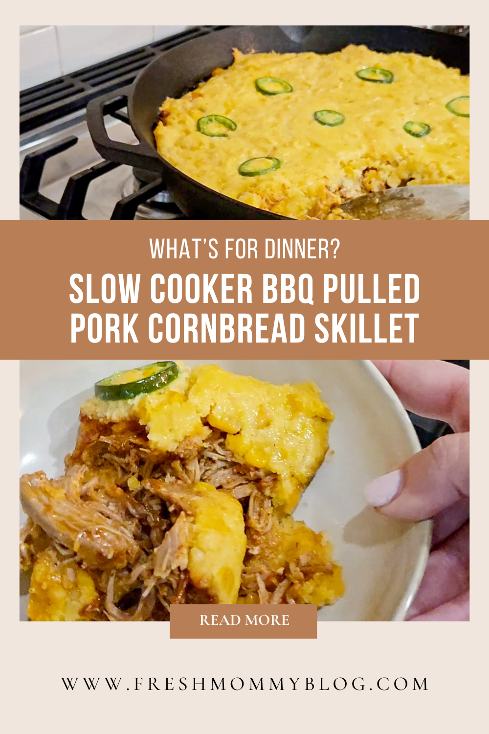 Whats for dinner? Slow Cooker BBQ Pulled Pork Cornbread Skillet Recipe. A meal your whole family will love.