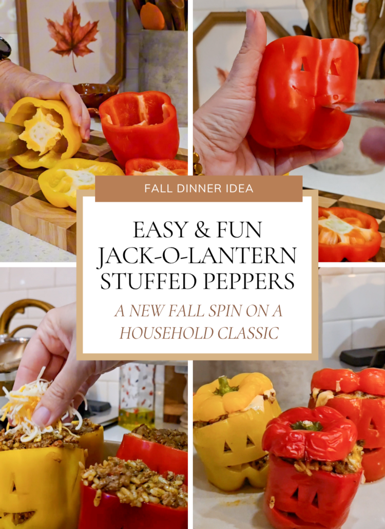 Easy Jack-O-Lantern Stuffed Peppers Fun Halloween Dinner Idea Give a classic dinner a Halloween makeover! These Jack-O-Lantern Stuffed Peppers are red, yellow, and orange bell peppers carved with silly faces and filled with ground beef, onion, rice, and melty cheese. Easy enough for a busy weeknight and fun enough to get the kids excited about dinner. Perfect before trick-or-treating!