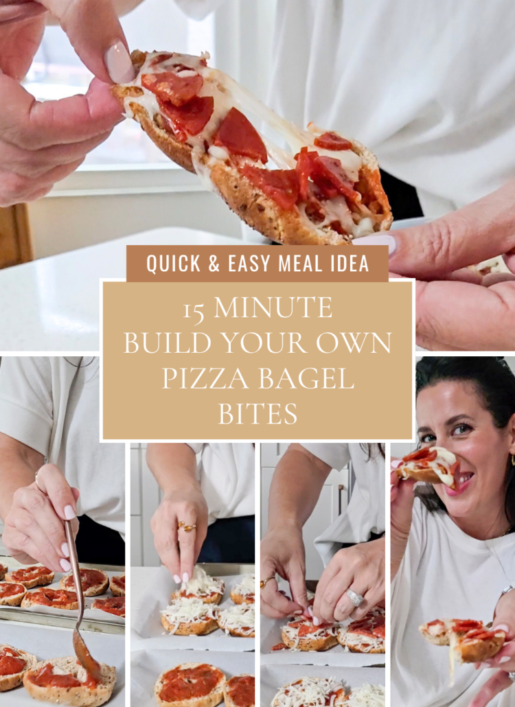 Quick and easy meal idea 15 minute build your own Pizza Bagel Bites. Everything bagel minis topped with marinara, mozzarella and your favorite toppings. An easy 15-minute snack or dinner the whole family can customize.