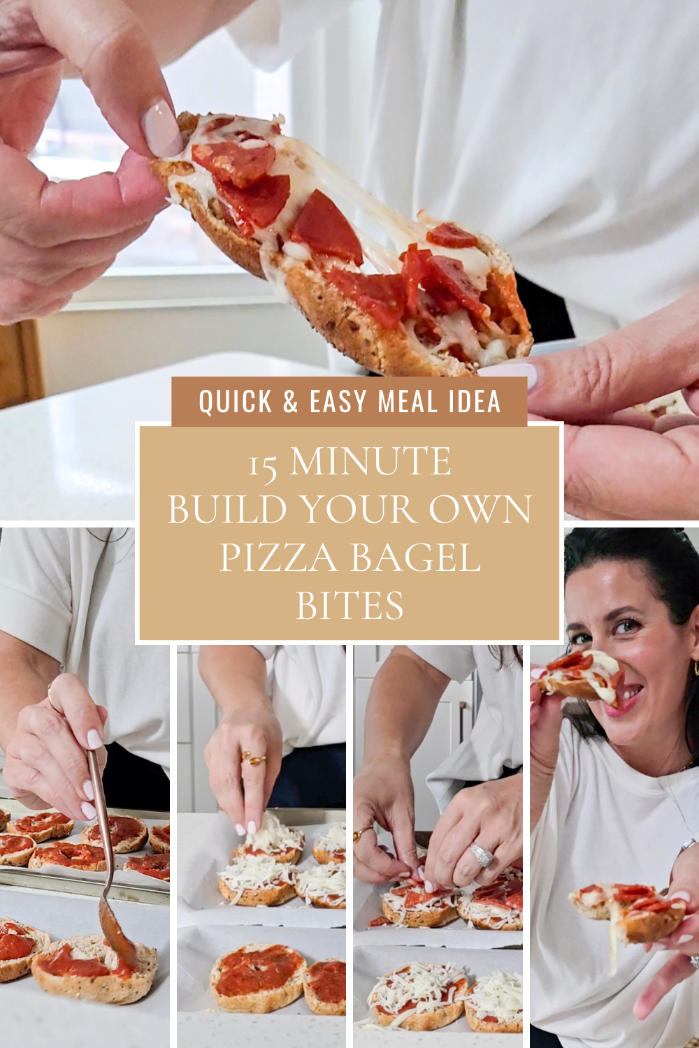 Quick and easy meal idea 15 minute build your own Pizza Bagel Bites. Everything bagel minis topped with marinara, mozzarella and your favorite toppings. An easy 15-minute snack or dinner the whole family can customize.