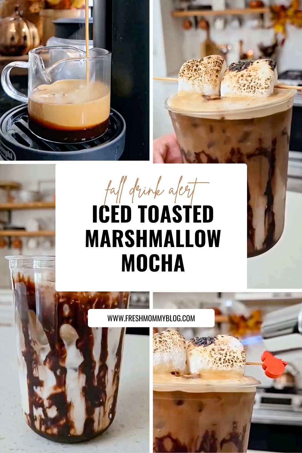 Toasted Marshmallow Mocha- The Coziest Iced Coffee You'll Make This Fall Skip the drive-thru! This Iced Toasted Marshmallow Mocha is a coffee shop–worthy fall drink you can make at home with just a few ingredients. Layers of mocha, marshmallow syrup, milk, and espresso, finished with golden, gooey toasted marshmallows on top. Easy swaps included for no torch, no espresso machine, or a hot version. 